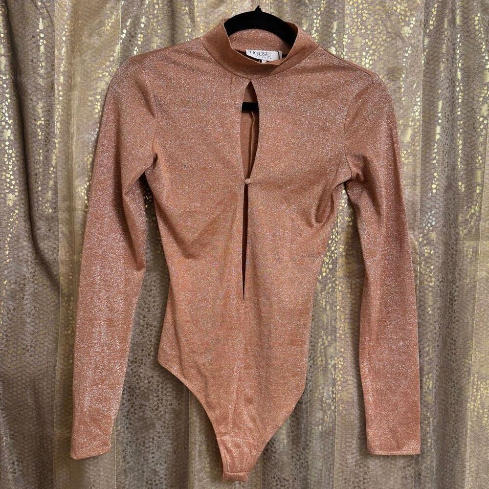 House of CB London Concha Pink Sparkle Cutout Long Sleeve Bodysuit NWT